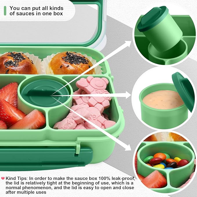 Bento Box Adult Lunch Box Kids,Lunch Containers for Adults/Kids/Toddler,5 Compartments Bento Lunch Box with Sauce Vontainers,Microwave & Dishwasher & Freezer Safe,BPA-Free(Green)