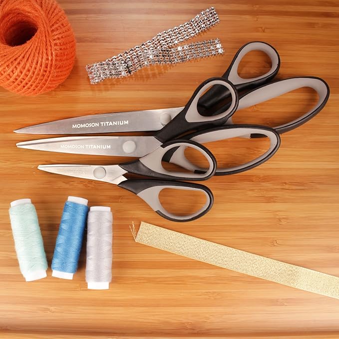BambooMN Titanium Softgrip Scissors Set for Sewing, Arts, Crafts, Office - 30 Sets of 3 - Black w/Dark Grey Inlays