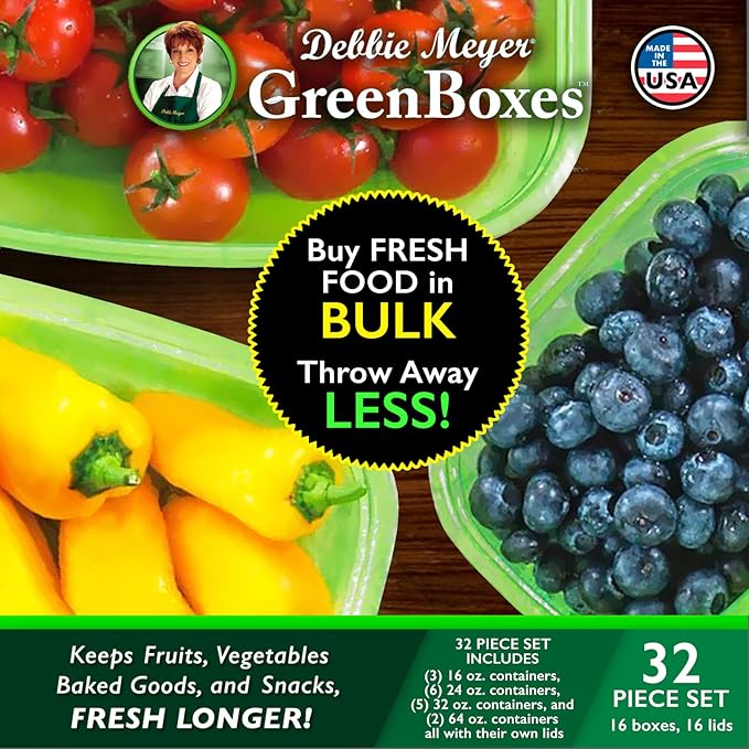 Debbie Meyer UltraLite GreenBox | Reusable Plastic Airtight Food Storage Containers with Lids, Keeps Fruit, Vegetables Fresh Longer, Perfect for in the Fridge Travel On-The-Go or Lunch | 32 Piece Set