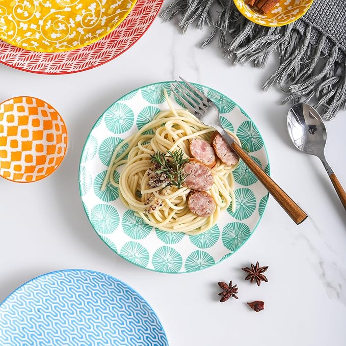Selamica Ceramic Dinnerware Sets for 6, 24 Piece Plates and Bowls Sets, Scratch Resistant Dishes Set-Dishwasher & Microwave & Oven Safe, Assorted Colors A