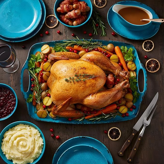 TP Serving Trays with Handles, 19 Inch Large Rectangular Melamine Serving Platter Set of 2, Retro Teal