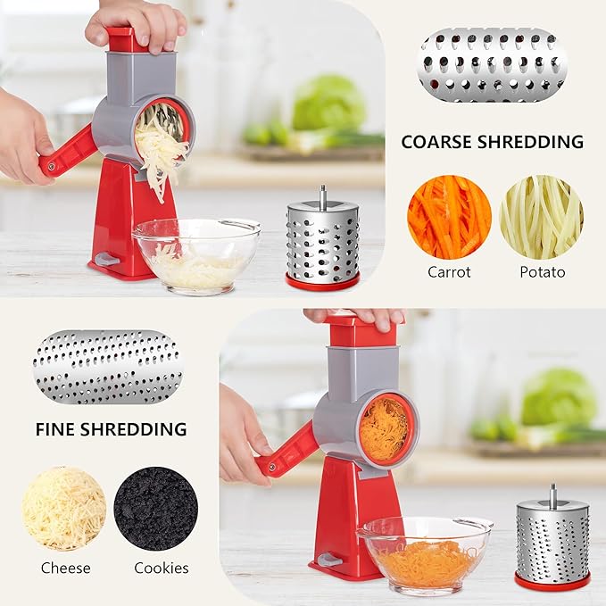 4-in-1 Rotary Cheese Grater Handheld, Lightweight Body with 4 Stainless Steel Blades & Non-Slip Suction Base, for Shredding Parmesan, Slicing Vegetables, Grating Chocolate（Red）