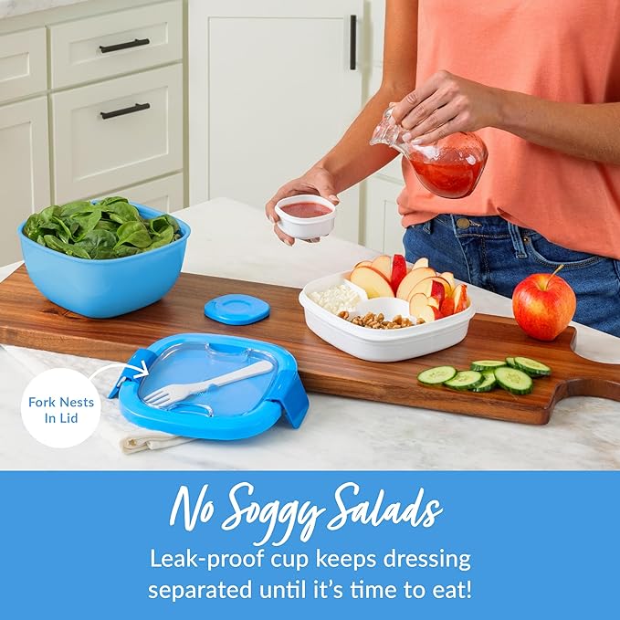 Bentgo Salad Container - 54 oz Bowl with 4-Compartment Toppings Tray, Leak-Proof Dressing Container, Reusable Fork, BPA-Free Lunch Box for Meal Prep & Food Storage; Removable Bento Tray (Blue)