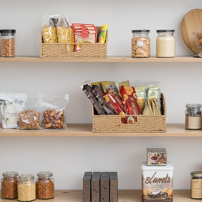 StorageWorks Pantry Baskets for Organizing, Paper Rope Storage Baskets for Shelves with Built-in Handles, Pantry Organizers and Storage, Natural, Set of 2 (Large and Medium)