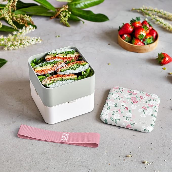 monbento - Large Bento Box MB Square Sakura with Compartments - Leakproof Lunch Box for Work and Meal Prep - BPA Free - Food Grade Safe - Japanese Flowers - Grey