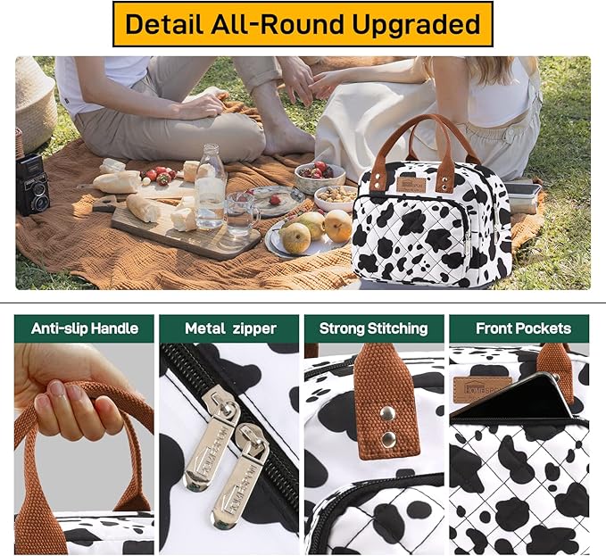 HOMESPON Lunch Bag for Woman Man Adults with Front Pocket Insulated Lunch Tote Lunch Box Container for Work Picnic or Travel(Cow)