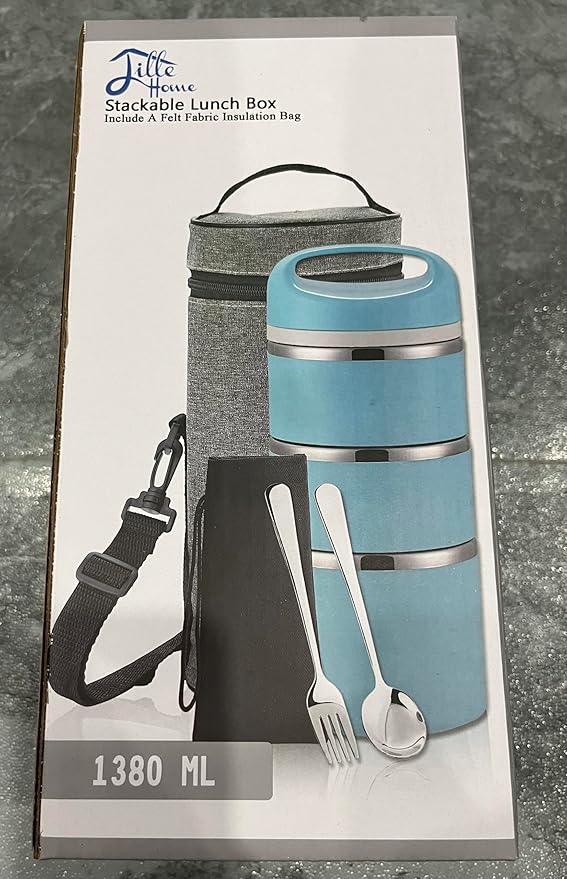 Lille Home Stackable Stainless Steel Thermal Compartment Lunch/Snack Box, 3-Tier Insulated Bento/Food Container with Lunch Bag, Utensils Set and Three Extra Seals, 43OZ (Gray)