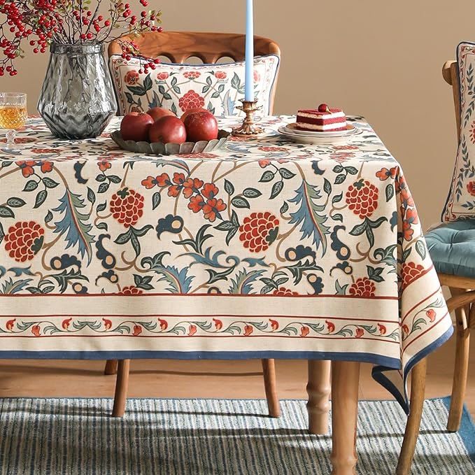 patdrea Designer Vintage Linen Long Tablecloth for Rectangle Table,French Soft Durable Floral Tablecloths,Colorful Table Cover for Kitchen Dining,Parties,Christmas,Thanksgiving,63"x102"-Puno