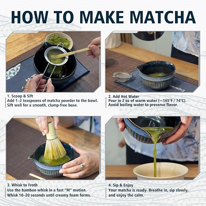 Matcha Whisk Set, Ceramic Matcha Bowl with Spout, Bamboo Whisk, Scoop, Ceramic Holders, Stainless Sifter, Towel, Perfect 7pcs Matcha Starter Kit for Tea Ceremony, Japanese Tea Making Tools (Grey)