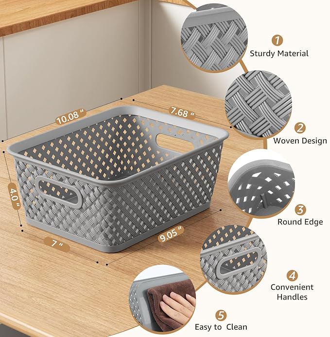 MaxGear Organization and Storage 3 Packs, Plastic Bins Organizer Bins, Woven Baskets for Storage, Plastic Baskets with Handles, Grey Basket for Organizing, Basket Organizer for Home and Office, Medium