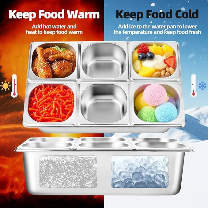 Stainless Steel Ice Food Serving Display Container 6 Pans 3 Ice Packs Cooled Condiment Dispenser Cold Serving Appetizer Buffet Organizer (6 Pans)
