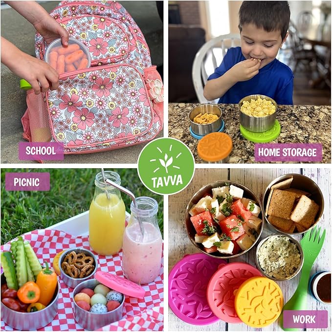 TAVVA Stainless Steel Snack Containers for Kids [12oz/ 7oz/ 3oz] - Leakproof with Silicone Lids - Lunch Box for Kids - Metal Lunchbox for School, Office, Home Food Storage - Dishwasher & Freezer Safe