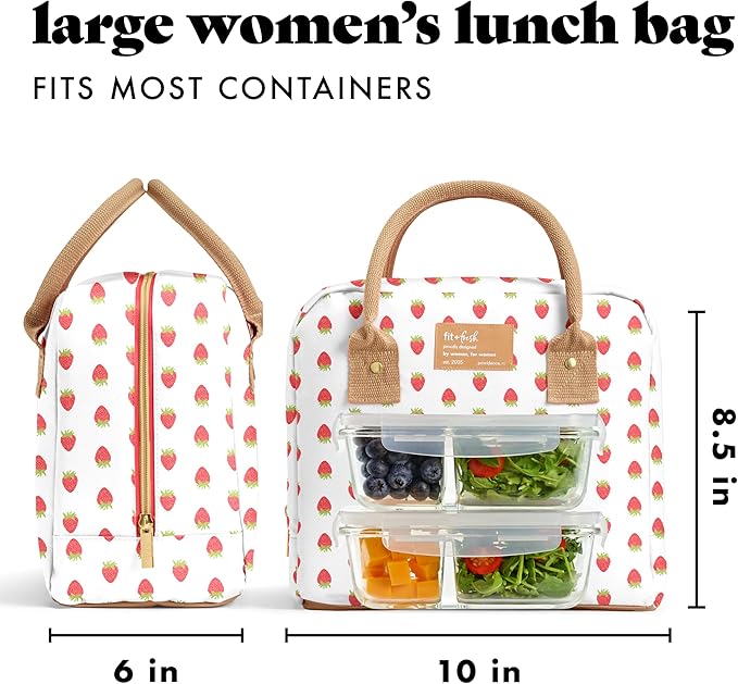 Fit & Fresh Bloomington Lunch Bag for Women - Insulated Large Lunch Box for Work with Containers, Leak-Resistant, Stain-Resistant, Zipper Closure, Strawberry