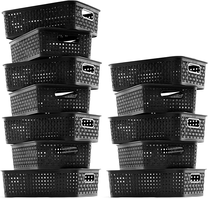 [ 12 Pack ] Plastic Storage Baskets, Small Pantry Organization and Storage Bins, Household Organizers for Laundry Room, Bathrooms, Kitchens, Cabinets, Countertop, Under Sink or Shelves, Black