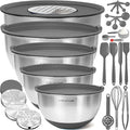 Priority Chef Stainless Steel Mixing Bowls with Lids Set, Metal Nesting Bowls with Airtight Lids, Graters, Non-Slip Base & Measurement Marks, Includes Utensil Set for Prep, Baking & Storage, Grey