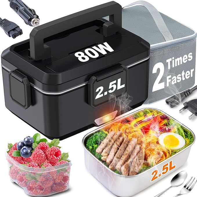 Nifogo Electric Lunch Box for Adults 2.5L 80W Portable Heated Lunch Box for Men 3 in 1 Portable Food Warmer 110V/12V/24V Removable Stainless Steel Container & Big Bag(2.5L-Black)