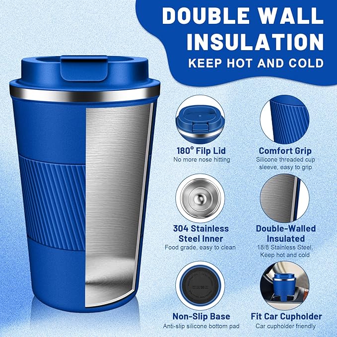 Insulated Coffee Tumblers with Flip Lid 12oz / 17oz, Stainless Steel Travel Coffee Mug Leak Proof, Vacuum Insulated Coffee Mug Reusable Cup, Keeps Cold and Hot for Coffee Tea