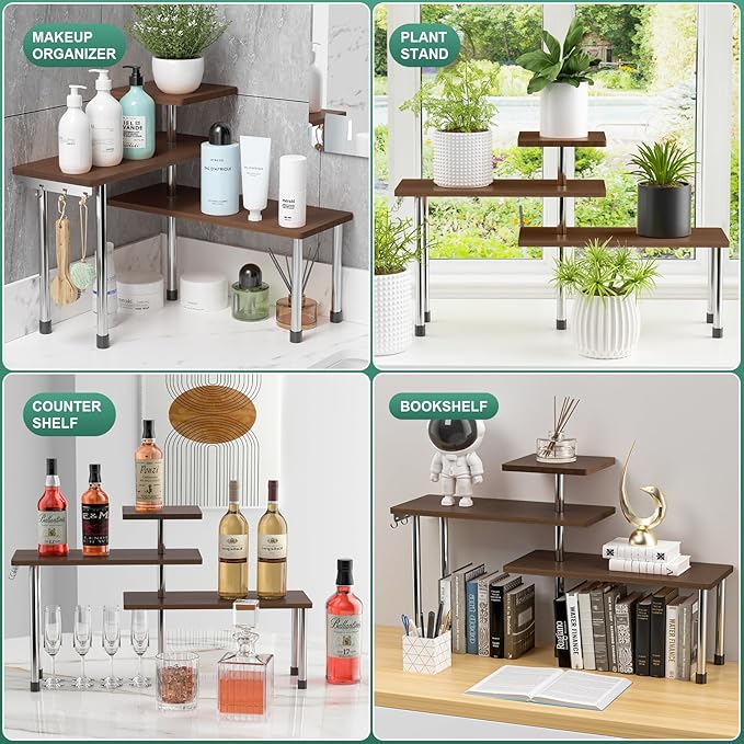 ZHWS Bathroom Counter Organizer for MakeUps, Dresser Table, Kitchen Countertop Organizer Adjustable 3 Tier Corner Shelf with 4 Metal Hooks for Coffee Bar, Spice Rack, Over Sink