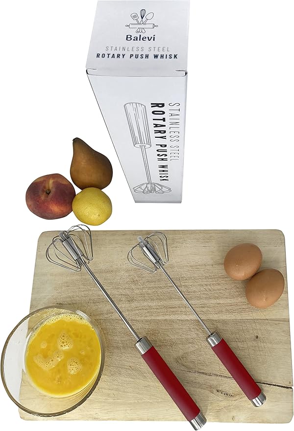 Stainless Steel Push Whisk - Easy to Use Manual Hand Mixer & Plunger Whisk - Make Froth, Foam & Whipped Cream - Semi Auto Egg Beater Plastic Tip Won’t Scratch Pans (2 Pack 10in & 12in) RED
