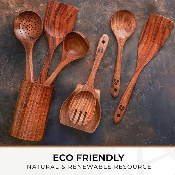 Wooden Utensil Set 8 Pcs – Sturdy & Easy to Clean, Natural Teak Wooden Spoons for Cooking – Non-Scratch Cooking Utensils with Spatula, Turner, Ladle, Spoons, Skimmer, Holder, Spoon Rest & 6 Hooks