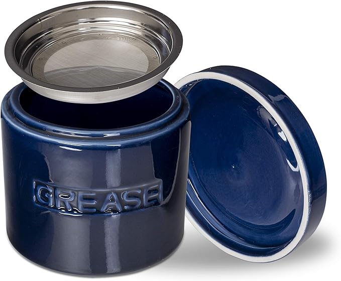 Bacon Grease Saver with Strainer - Ceramic Grease Container 1L Storage Canister | Holds Bacon Fat Drippings | Oil Keeper for Kitchen Counter Storage