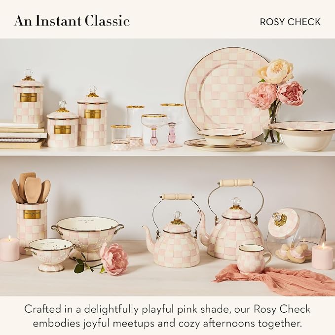 MACKENZIE-CHILDS Set of 2 Ceramic Farmhouse Canisters, Kitchen Storage Containers with Lids, Pink-and-White Rosy Check