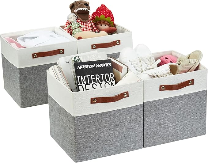 DECOMOMO Fabric Cube Storage Bins - Storage Baskets for Shelves, Cube Storage Organizer for Kallax and Cubbies (Grey & White, 11 inch Cube) - 4 Pack