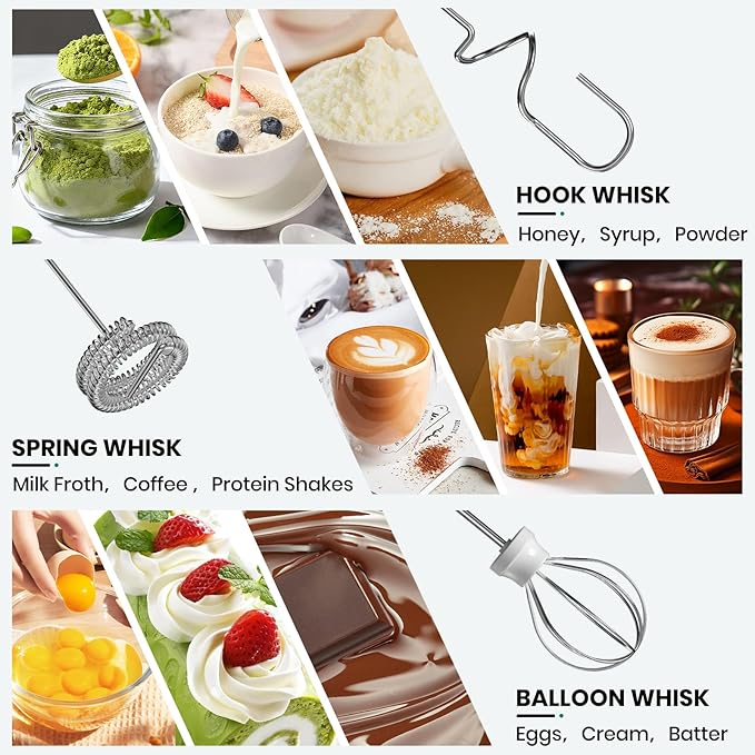 Milk Frother Handheld Rechargeable with Stand, Frother Wand Drink Mixer Electric Whisk for Coffee, Detachable With 3 Stainless Whisks, Hand Mixer for Lattes, Cappuccino, Matcha, Egg, Black