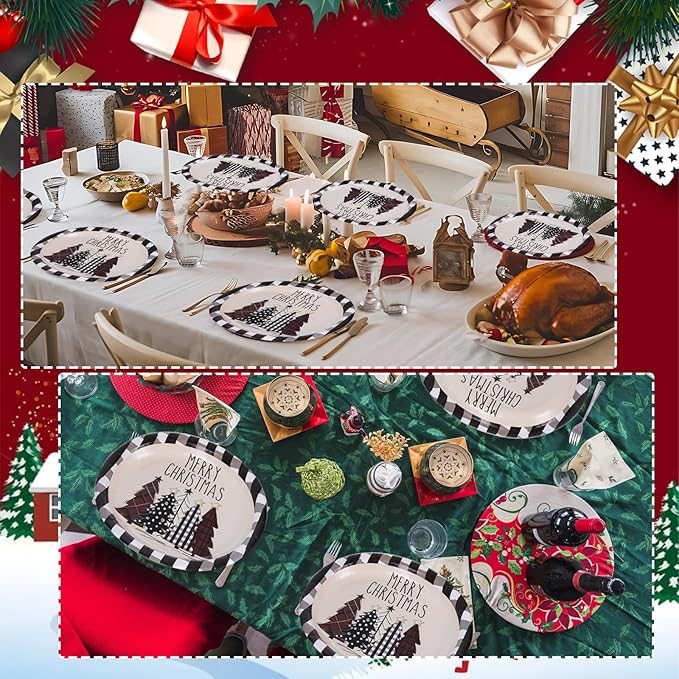 WDF 50Pack Christmas Paper Plates - 10"x12" Christmas Tree Plates Christmas Oval Paper Checkered Plates - Dinner Size Large Disposable Platter Heavy Duty for Happy Christmas Serving
