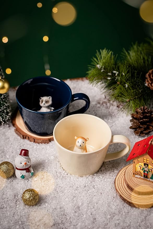DIHOclub Bear Ceramic Cup Hidden 3D Animal Inside Mug,Cute Cartoon Handmade Figurine Mugs,Holiday and Birthday Gift for Coffee Milk Tea Lovers,12 OZ(Cream Color)