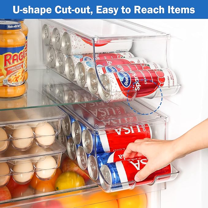Puricon 2 Pack Soda Can Organizer Dispenser for Refrigerator, Plastic Canned Food Pop Beverage Container Holder Storage Bin with Lid for Freezer Rack Pantry Cabinet Cupboard Kitchen -Skinny