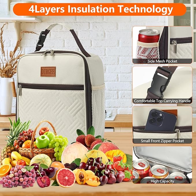 Lunch Bag for Women Insulated Lunch Bag For Men Adults Small Lunch Bag for Office Work - Leakproof Freezable Cooler Bag Reusable Portable Lunch Box (White)