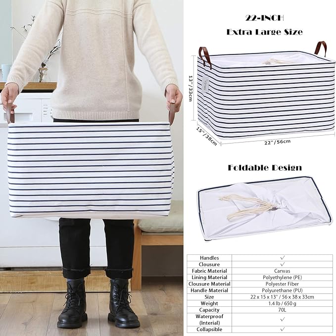 Hinwo 70L Extra Large Storage Bins, 4-Pack Closet Organizers and Storage, Foldable Clothes Storage Baskets with Handles, Containers for Clothing, Blanket, Comforters, Toys, Bedding (Navy Stripe)
