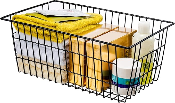 iPEGTOP Wire Freezer Stroage Baskets, 13.4 inch Set of 2 Farmhouse Storage Bins Basket Freezer Storage Organizer Bins with Handles for Kitchen Cabinets, Pantry, Closets, Bedrooms, Bathrooms- Black