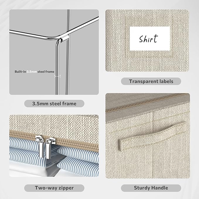 CYhom Clothes Storage Bins Box - Linen Fabric Foldable Stackable Container Organizer Set with Clear Window & Carry Handles & Metal Frame - 2Pack Large Capacity for Bedding, Blankets, Books
