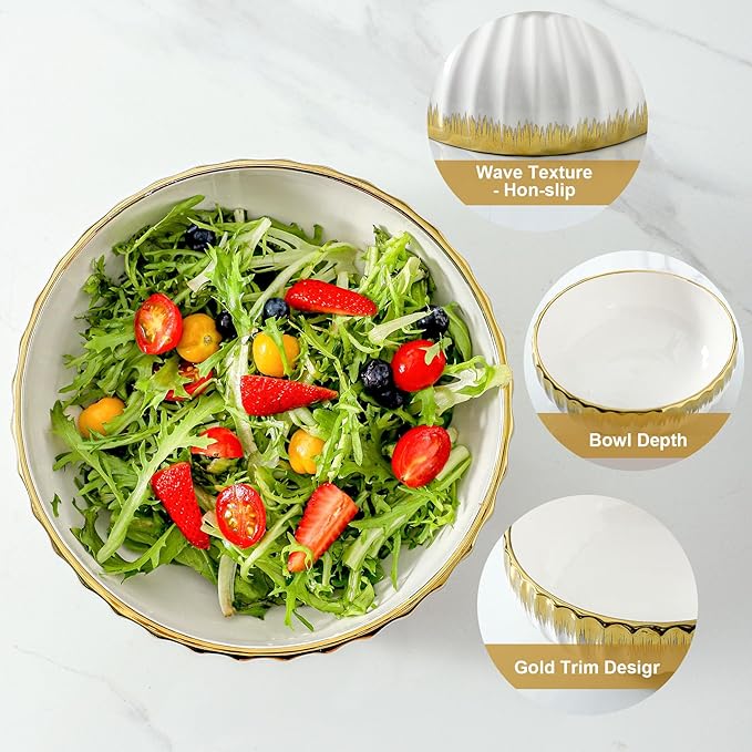 LETAOTAO Serving Bowls, 8 inch Large Salad Bowls, Ceramic Bowl Set of 2 White Bowl with Gold Trim, Kitchen Decorative Bowls Set for Kitchen, Salad, Soup, Pasta and Dinner(60 oz)