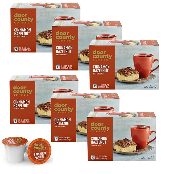 Door County Coffee Cinnamon Hazelnut Flavored Ground - 60 Count Single Serve Cups - Medium Roast - 100% Specialty Arabica - Flavored Gourmet - Cinnamon Hazelnut