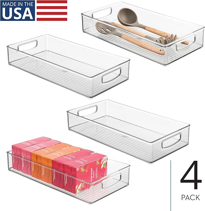 iDesign Stackable Clear Plastic Extra Long Pantry Organizers and Cabinet Storage Bins for Kitchen, 4-Pack