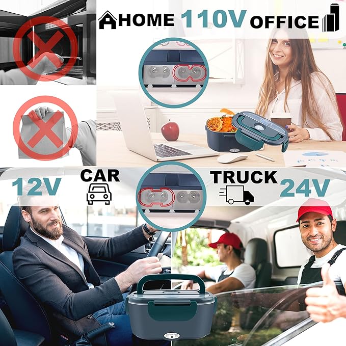 Nifogo Electric Lunch Box for Adults with 2 Stainless Steel Containers 1.5L 80W Heated Lunch Boxes for Men Electric LunchBox Food Heater Portable 12/24/110V for Work Car Truck (Blue)