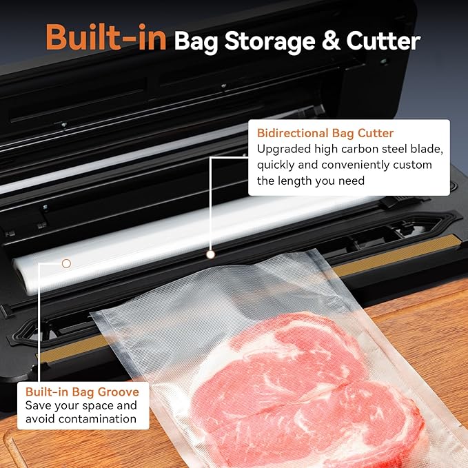 Vacuum Sealer Machine, Food Sealer Vaccum Sealers for Food 80KPA Automatic 8-IN-1 Sealing Dry/Moist Mode with Build-in Cutter&Storage, Digital Countdown, Air Suction Hose, 2 Roll-Bags, 11 Vacuum Bags