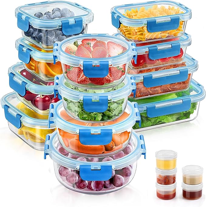 34pcs Glass Food Storage Containers with Lids Set,Airtight Glass Meal Prep Containers (17 Containers&17 Lids),Leak Proof Lunch Containers BPA-Free,Microwave,Oven,Freezer&Dishwasher,Blue