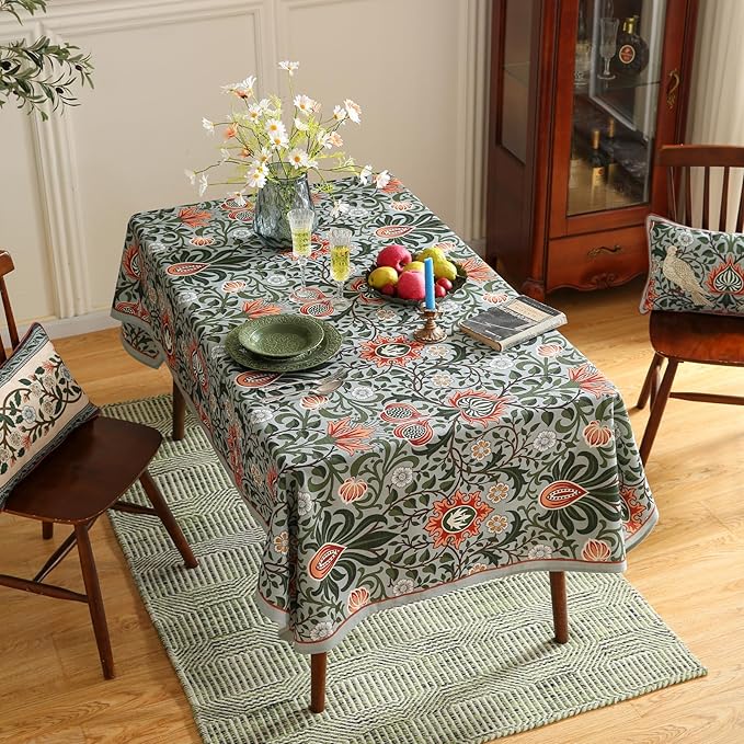 ISAENNE Designer Bohemian Linen Green Rectangular Tablecloth,Floral Indoor Table Cloth,Stain Resistant Decor Tablecloths for Dining Thanksgiving Kitchen Party Christmas,55"*87"-Naples