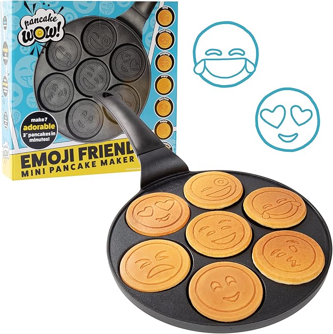 Emoji Mini Pancake Pan- 7 Unique Flapjack Smiley Faces for Kids, Nonstick Pan Cake Maker Stovetop Griddle for Easy Cleanup, Long Handle for Easy Holding, Breakfast Gift- Officially Licensed by Emoji