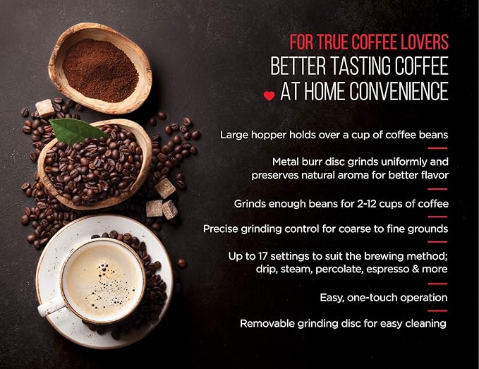 Chefman Coffee Grinder Electric Burr Mill - Freshly Grinds Up to 2.8oz Beans, Large Hopper with 17 Grinding Options for 2-12 Cups, Easy One Touch Operation, Cleaning Brush Included, Black