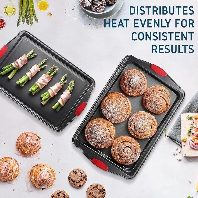 JOYTABLE Baking Sheet, 2PC Cookie Sheet Set with Silicone Handles, Nonstick Steel Baking Pan, Baking Sheets for Oven, BPA Free Baking Pans Set, Cookie Sheets– Black Bakeware, Small & Medium