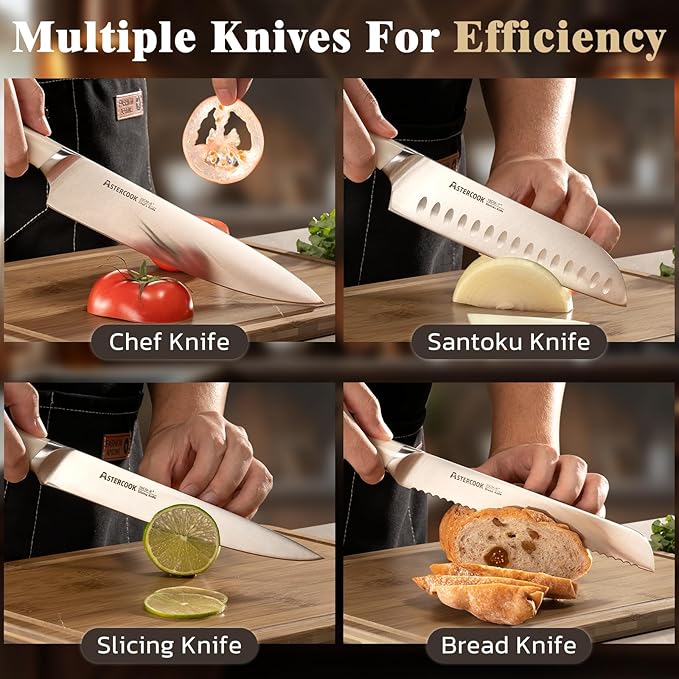 Astercook Knife Set Kitchen with Block and Sharpener Premium Full Tang 17 Pcs German Stainless Steel Knives Dishwasher Safe Kitchen Utensils Set with with and Anti-slip Ergonomic Handle, Cream White
