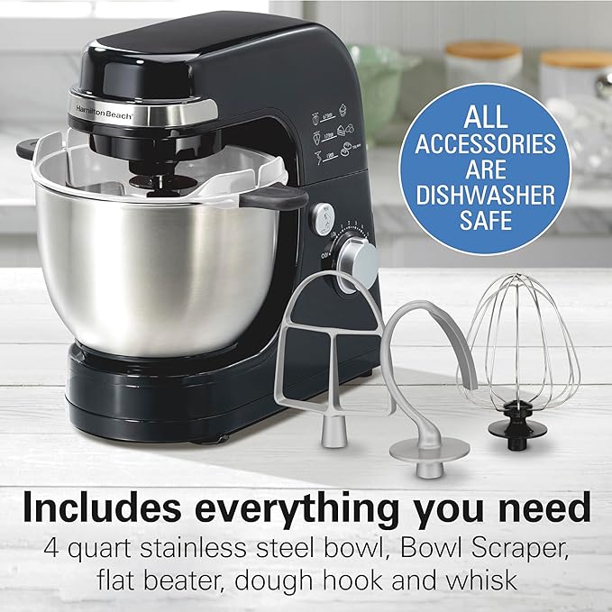 Hamilton Beach Electric Stand Mixer, 4 Quarts, Dough Hook, Flat Beater Attachments, 7 Speeds, Whisk, Stack & Scrape Bowl Scraper, Black