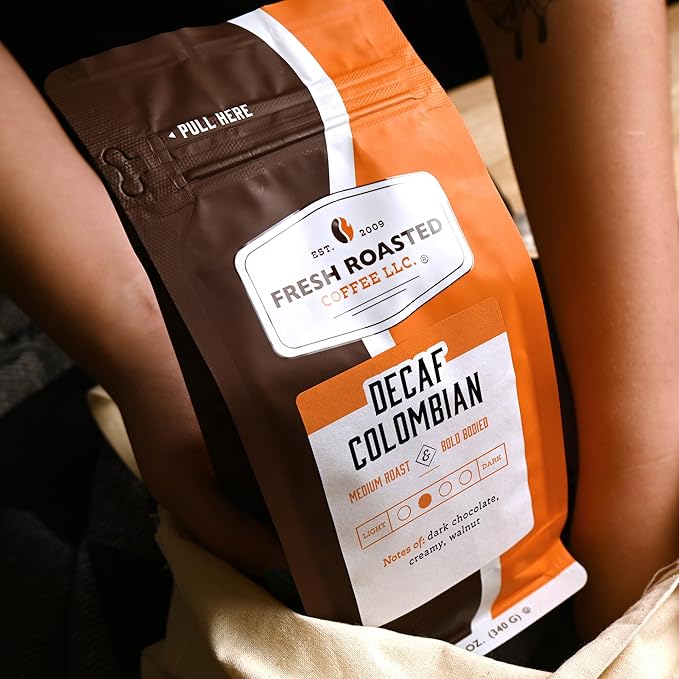 Fresh Roasted Coffee, 100% Colombian Decaf, 12 oz, Medium Roast, Kosher, EA Natural Decaf, Whole Bean
