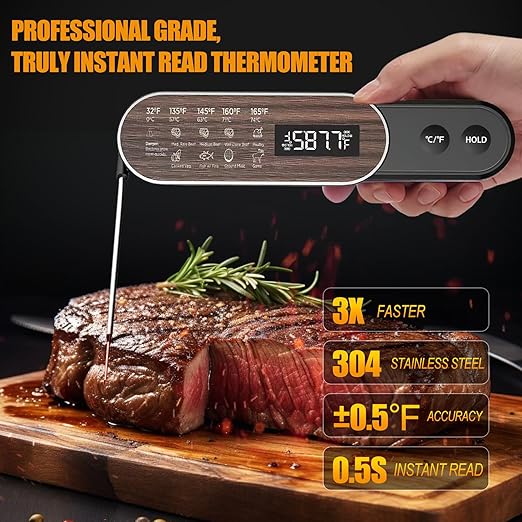 Smart Meat Thermometer Digital with Ultra-Fast 0.5 Sec Instant Read, NIST Certified ±0.5°F Accuracy, Auto-Rotating Backlight Display, IP67 Waterproof, Oven Safe for Grill, BBQ, Smoker, Candy