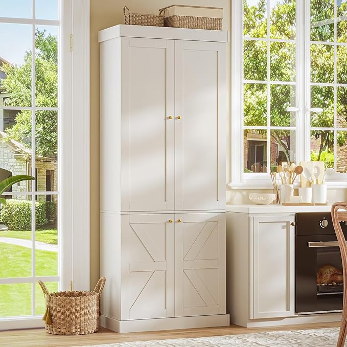 70.8" Tall Farmhouse Kitchen Pantry Cabinet with Glass Doors, Modular Wooden Storage Cabinet with 6-Tier Adjustable Shelves, Hutch for Kitchen or Living Room, Set of 3, White